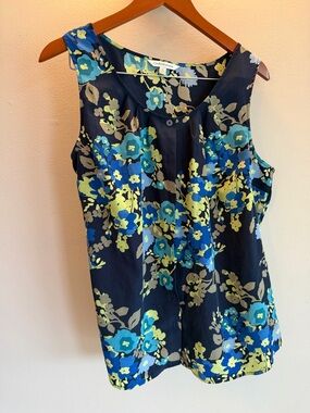 Croft & Barrow Womens Navy Blue Floral Sleeveless Button Front Blouse Size L